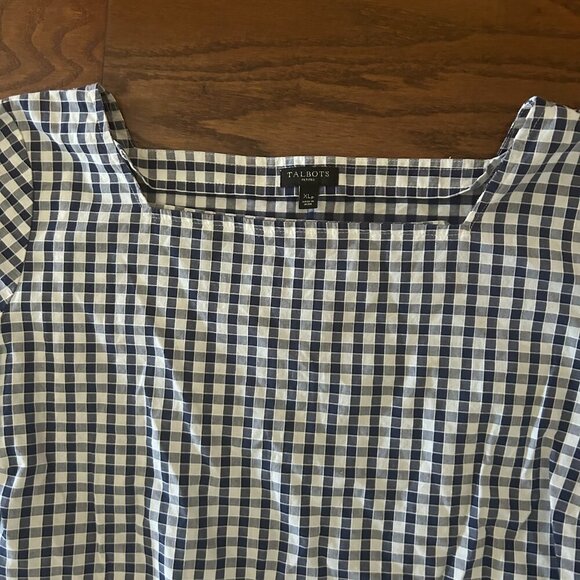 Talbots Navy Gingham Eyelet Trim Blouse Size XL Petite Square Neck 3/4 Sleeves - Picture 6 of 13
